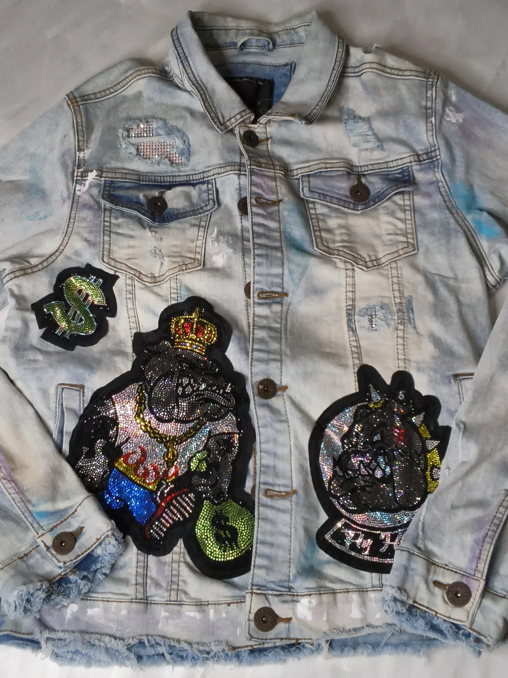 Embellished Light Blue Denim Patch Bomber Jacket